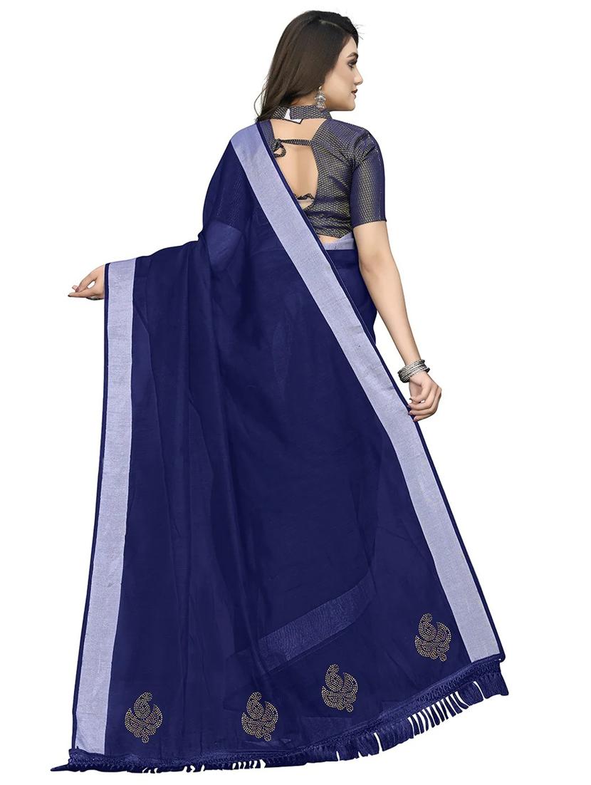 women's bordered navy blue colored saree with blouse - 19337201 -  Standard Image - 1