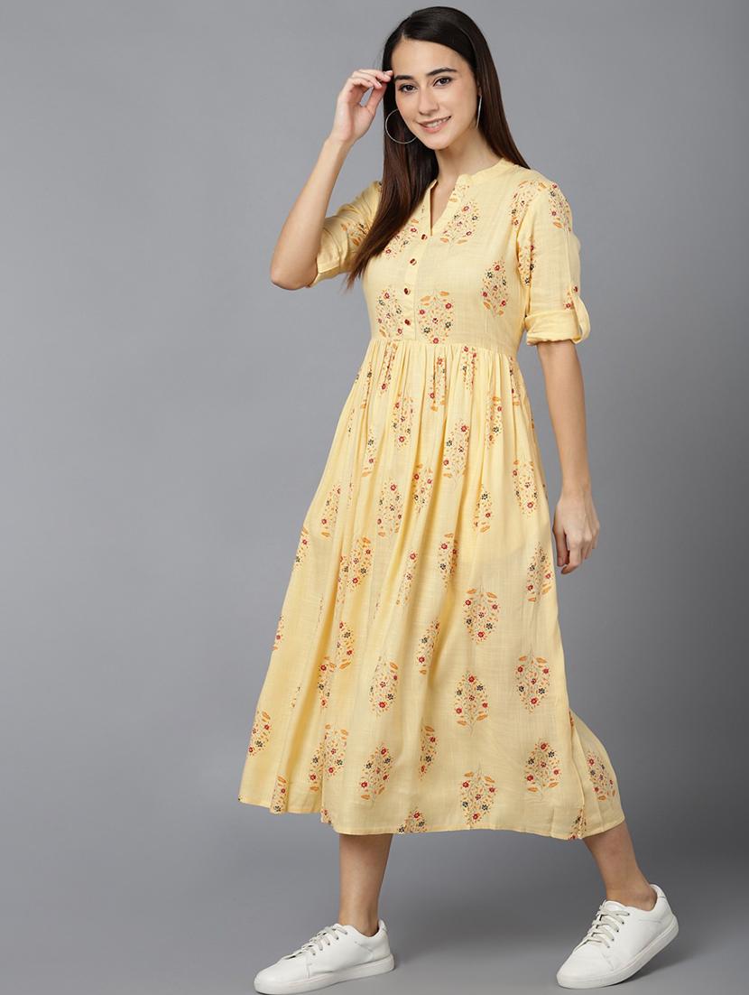 yellow florals printed a-line dress - 19345933 -  Standard Image - 1