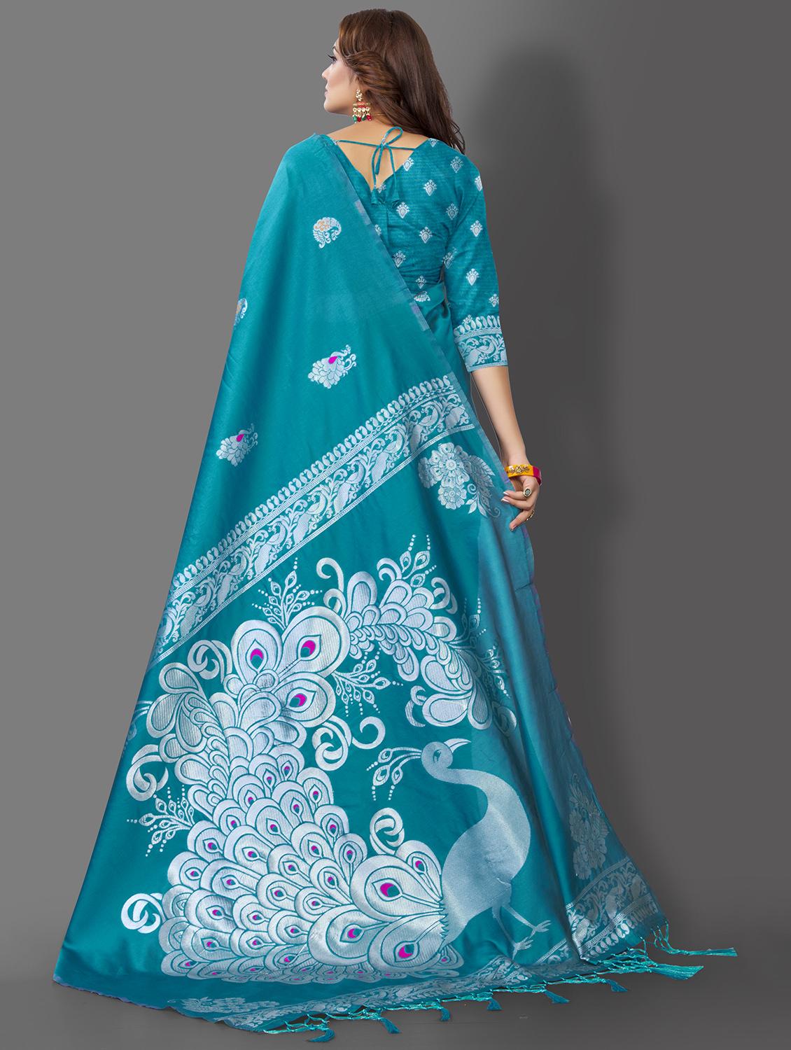 contrast border woven saree with blouse - 19349324 -  Standard Image - 1