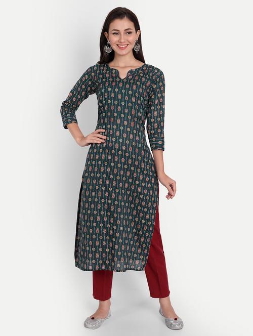 green cotton straight kurta - 19350009 -  Standard Image - 0