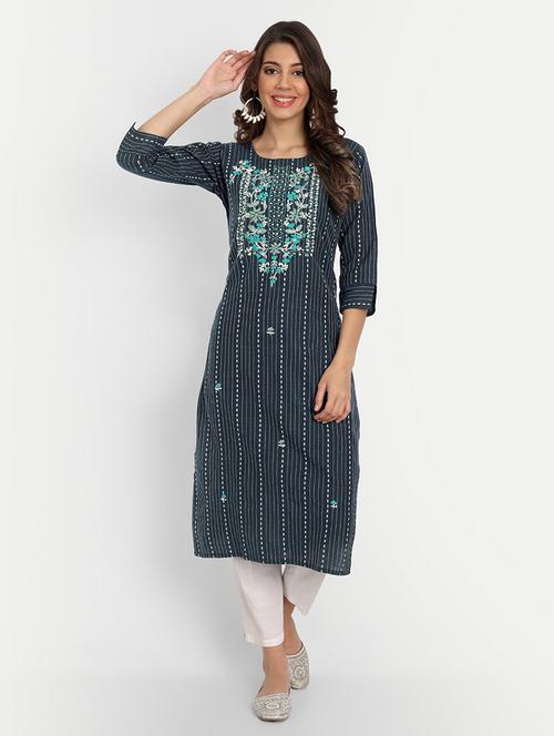 blue cotton straight kurta - 19350037 - Standard Image - 0