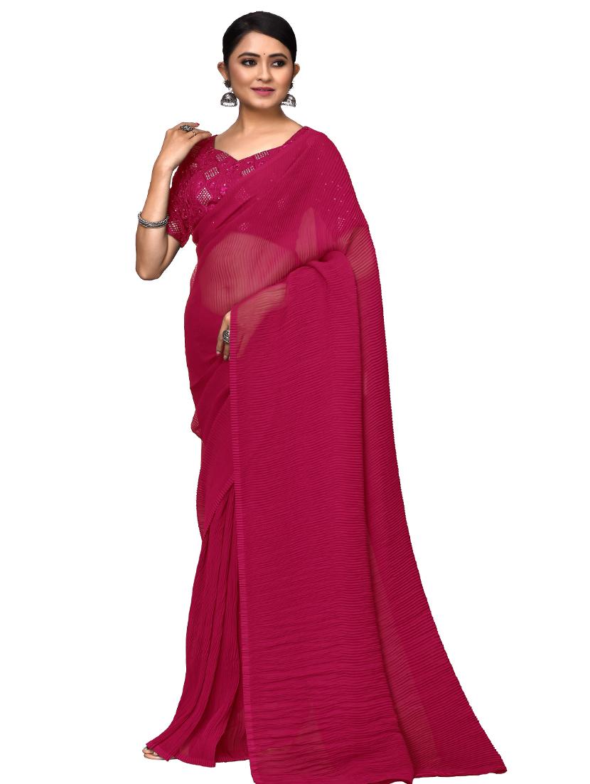 women's solid red colored saree with blouse - 19353365 -  Zoom Image - 0