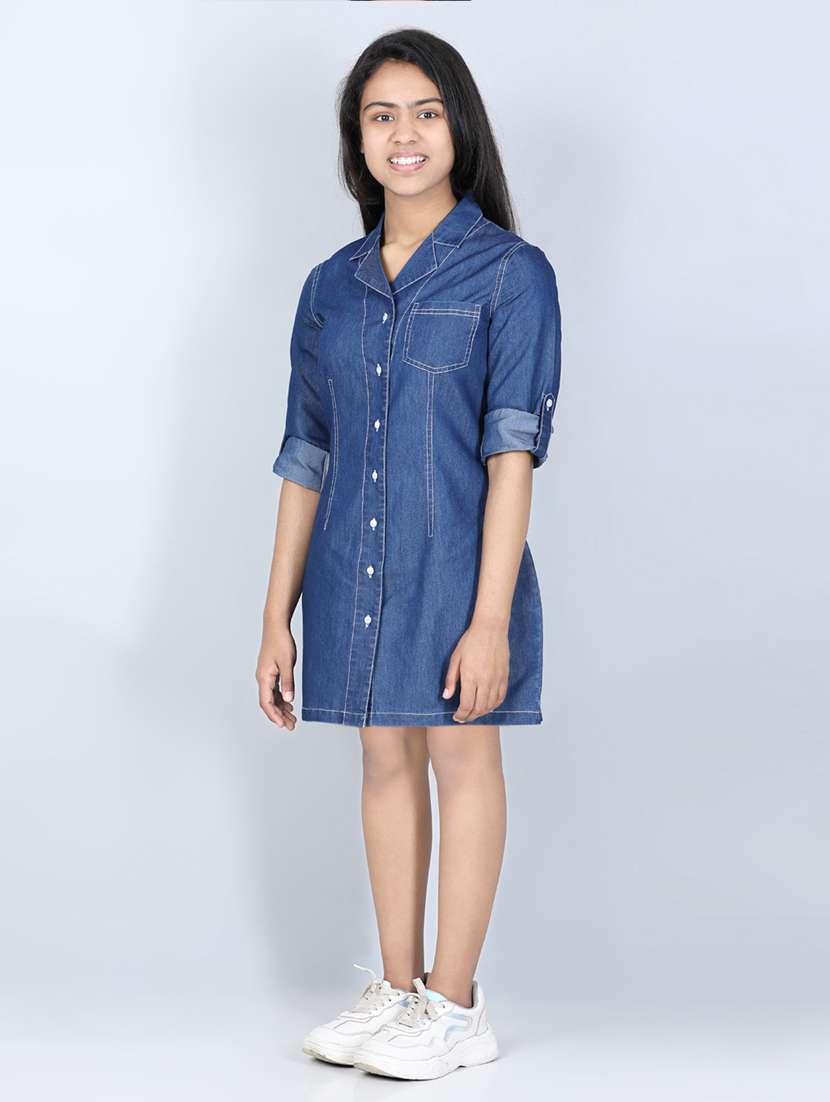 girls lapel neck roll up sleeves frock - 19370752 -  Standard Image - 1