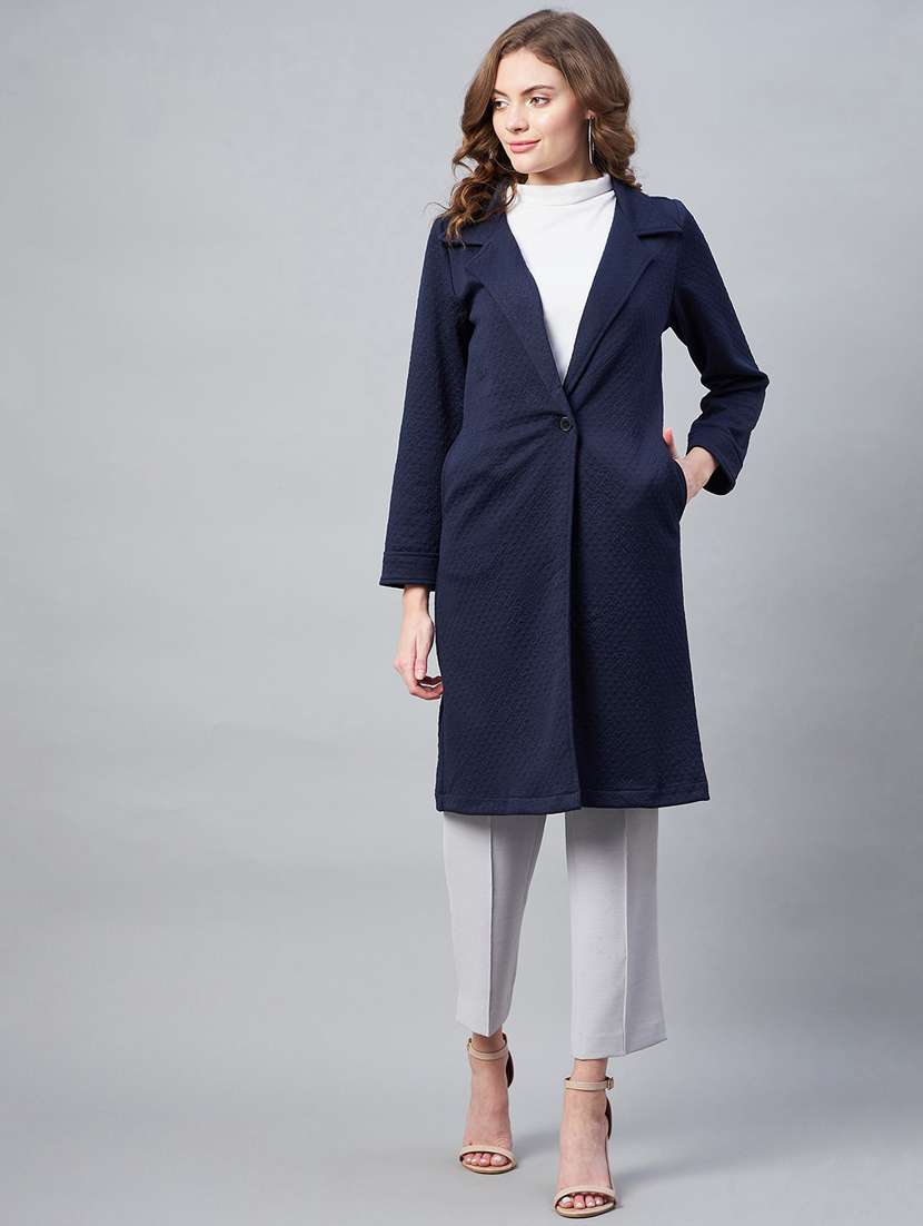 navy blue lapel neck solid regular coat - 19371145 -  Standard Image - 1