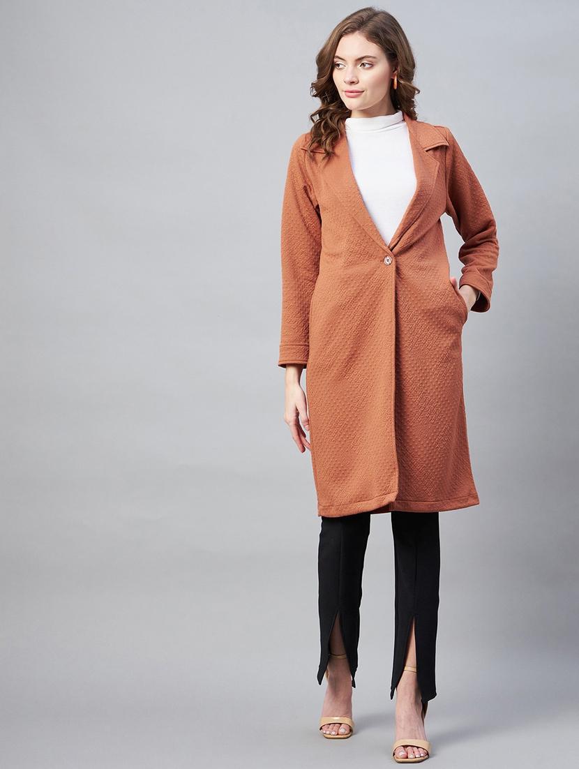 brown lapel neck solid regular coat - 19371146 - Zoom Image - 0