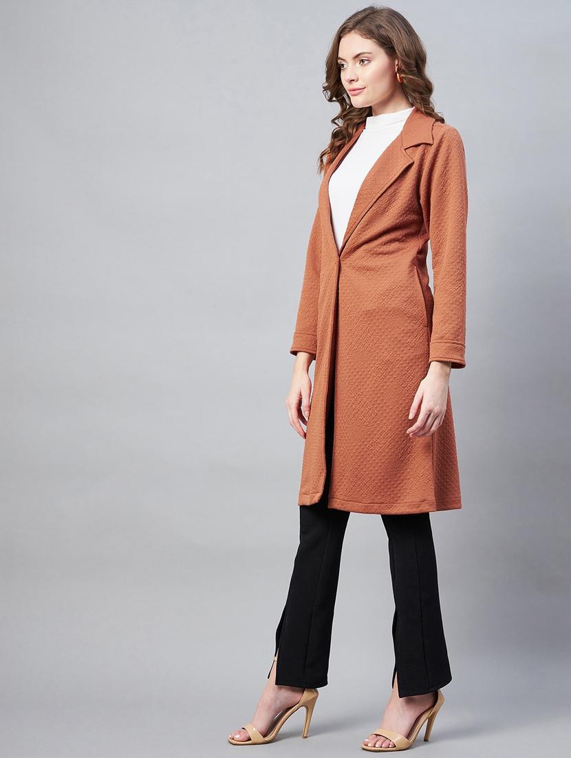 brown lapel neck solid regular coat - 19371146 -  Standard Image - 1