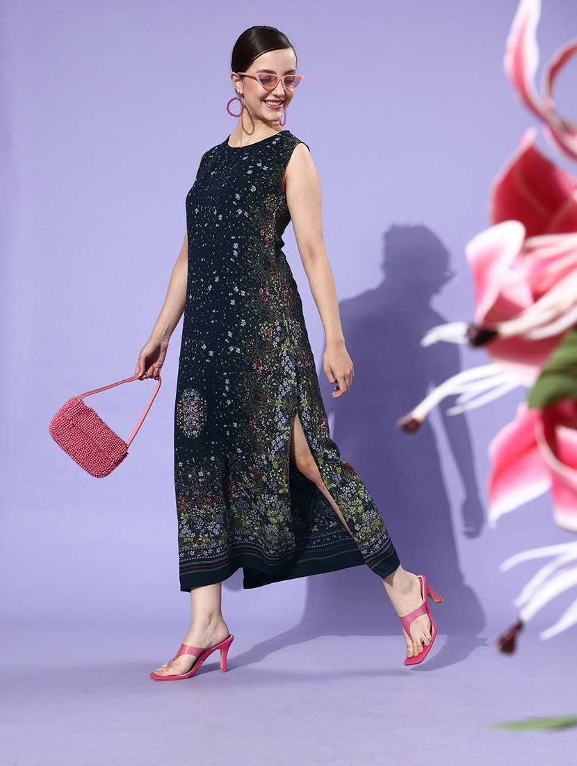 blue printed a line dress