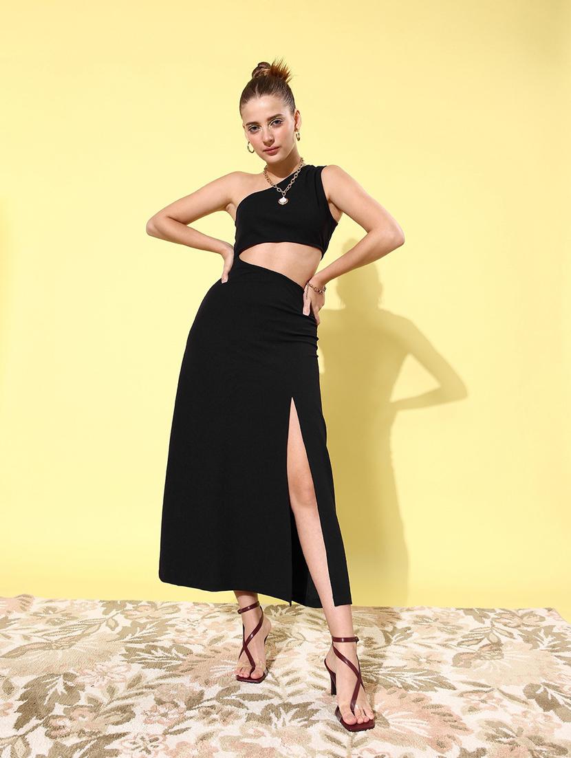 black solid high slit dress - 19371177 -  Zoom Image - 0