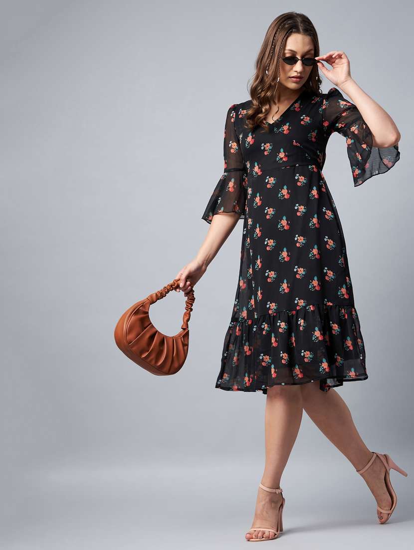 women floral print puff sleeves tiered dress