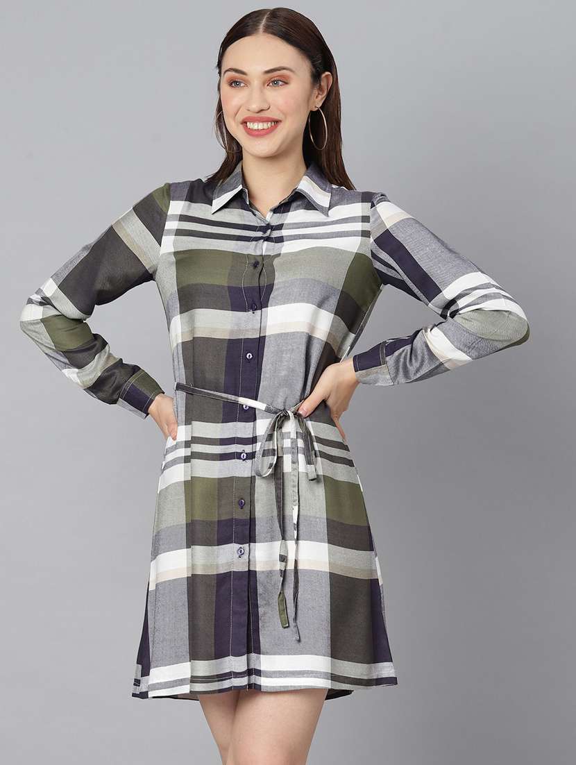 women checkered long sleeve shirt dress