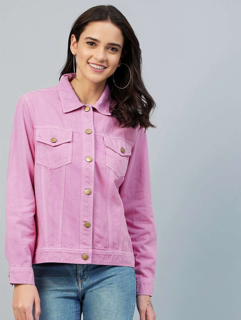 pink solid denim jacket