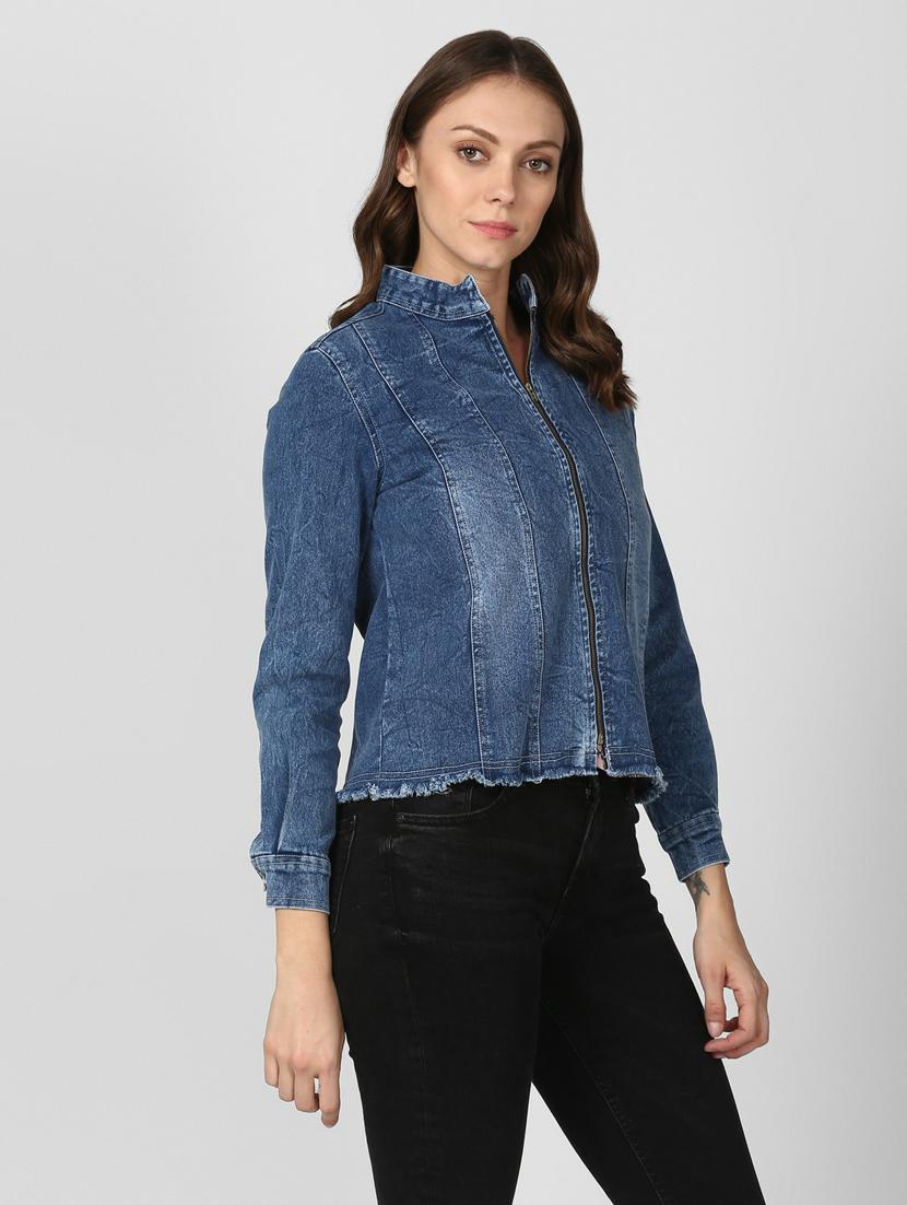 blue  washed zipper denim jacket - 19371516 -  Standard Image - 1
