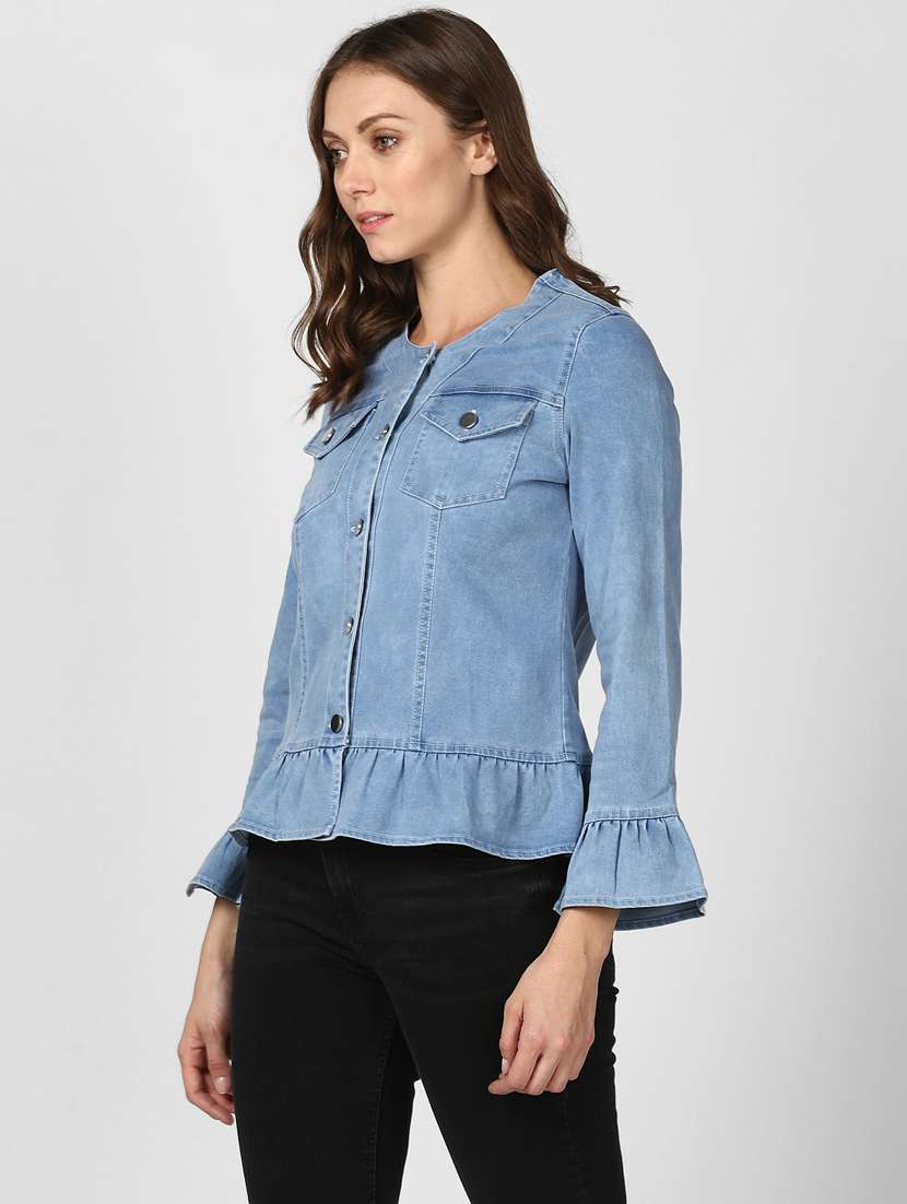 blue solid ruffle hem bell sleeves denim jacket - 19371517 -  Standard Image - 1