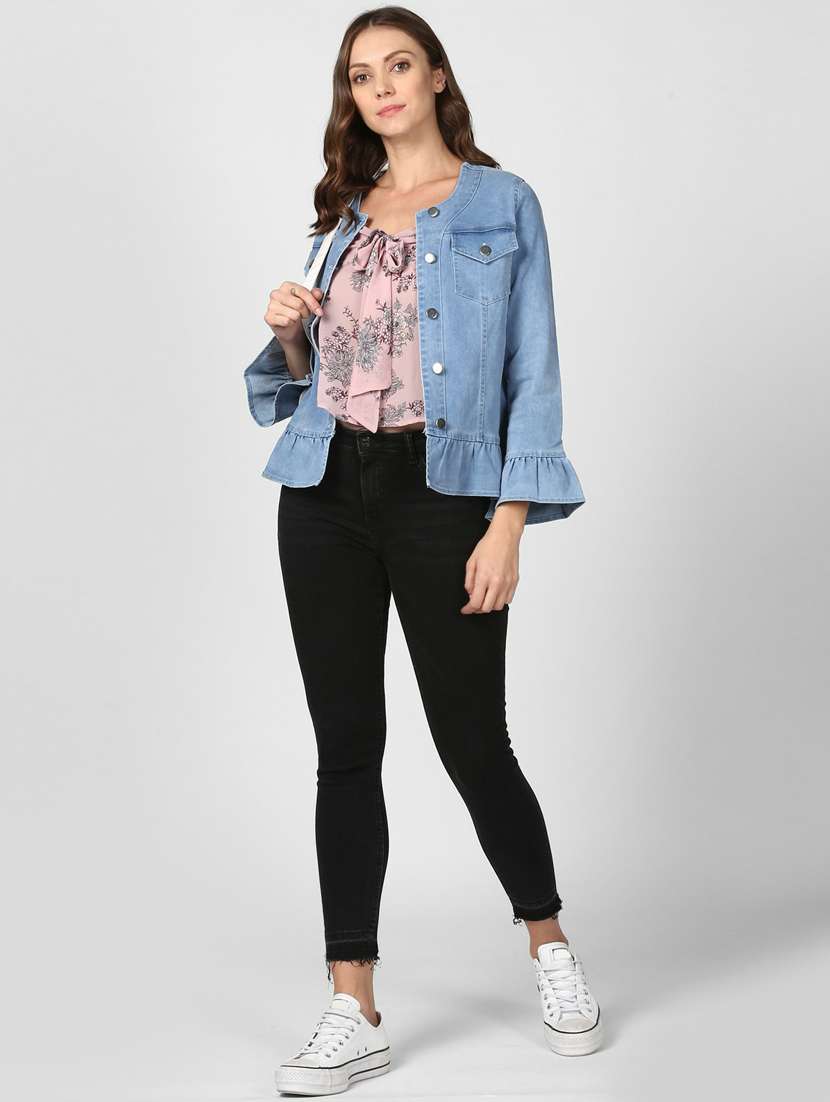 blue solid ruffle hem bell sleeves denim jacket - 19371517 -  Standard Image - 4