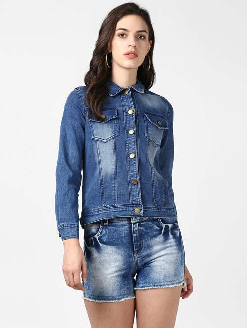 blue washed hand printed denim jacket - 19371520 - Standard Image - 0