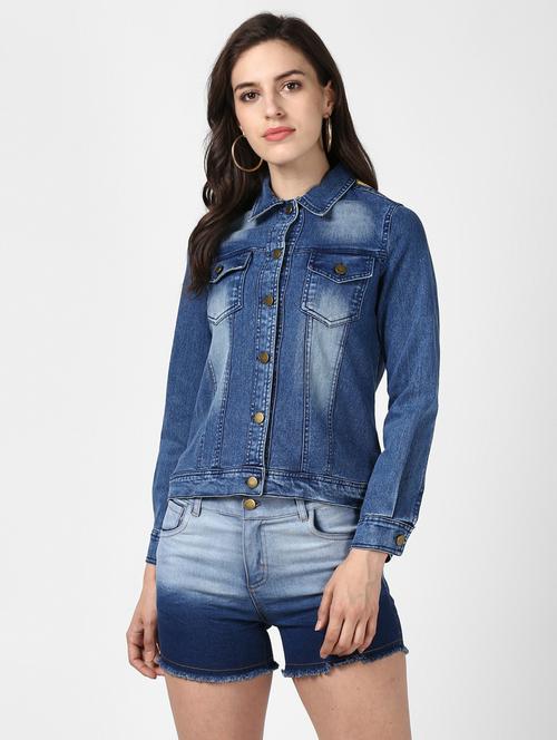 blue washed hand printed denim jacket - 19371521 -  Standard Image - 0