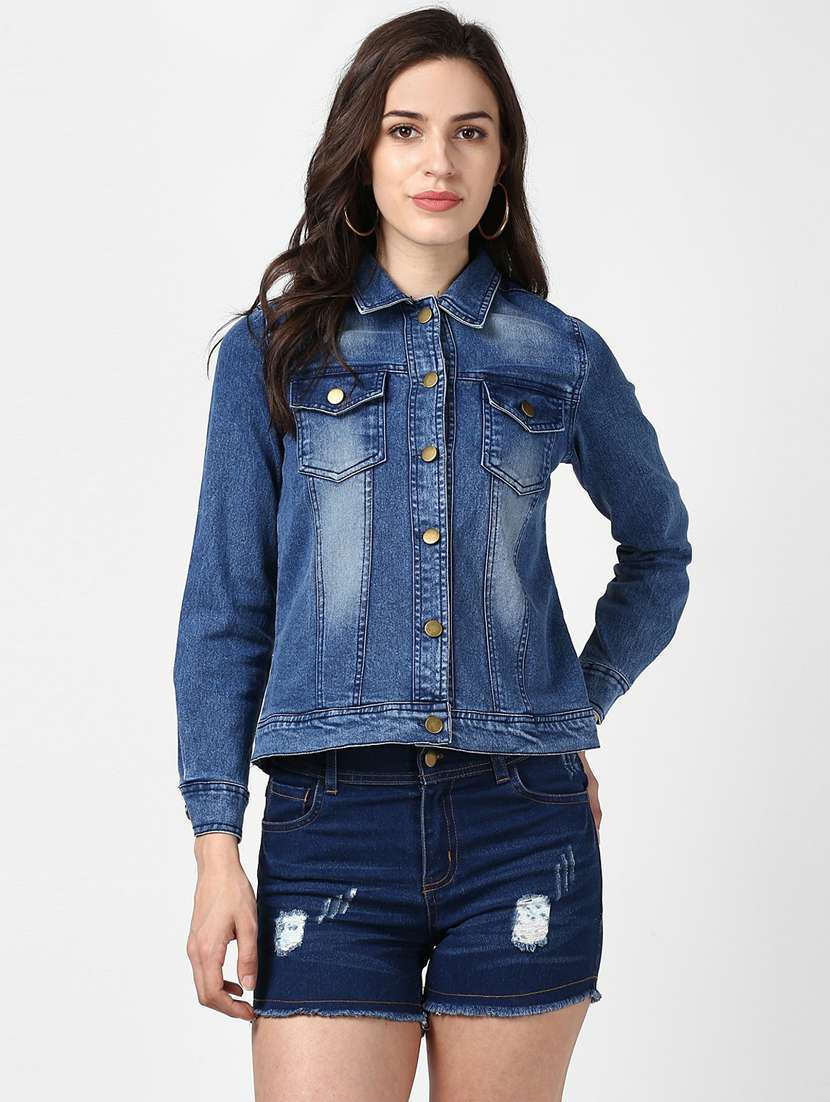 blue washed hand printed denim jacket