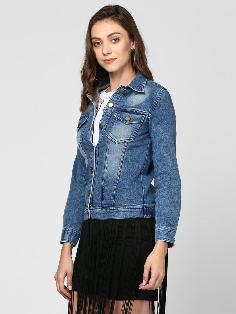blue solid washed denim jacket - 19371525 -  Standard Image - 1