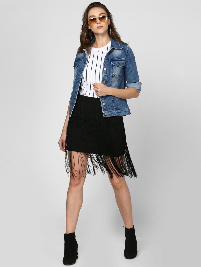 blue solid washed denim jacket - 19371525 - Standard Image - 4