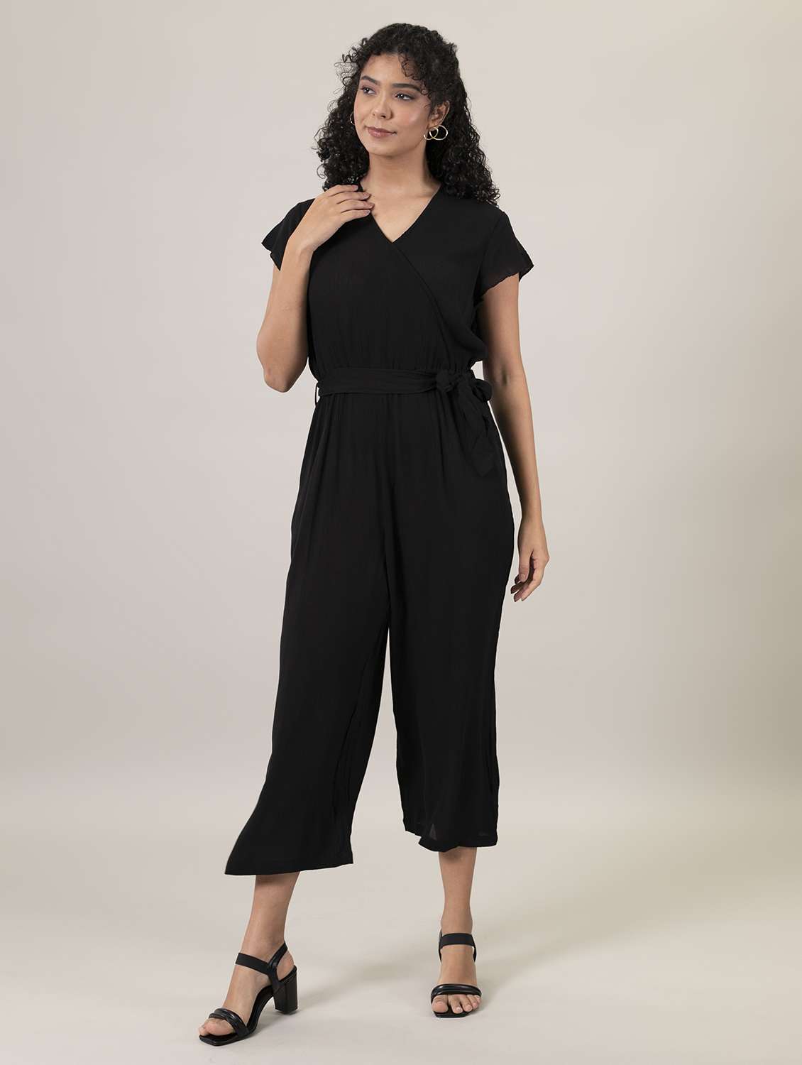women black solid full leg jumpsuit