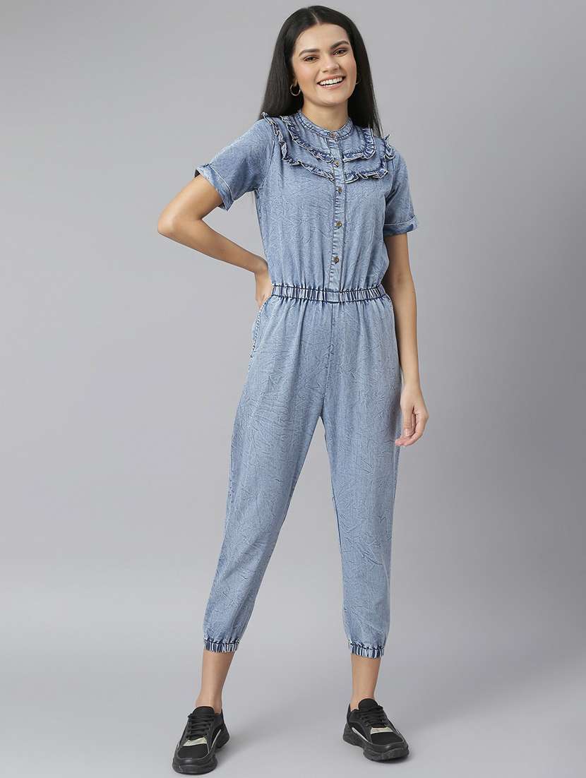 blue denim full leg  jumpsuit