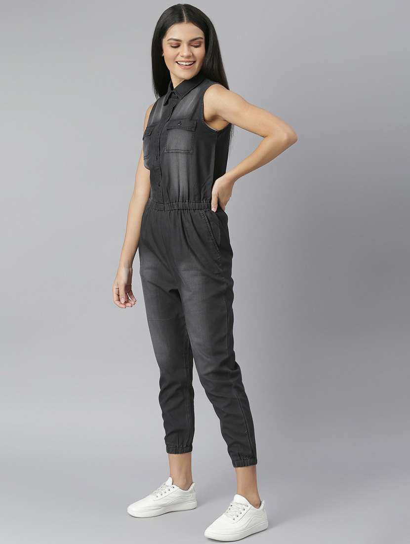 black denim full leg  jumpsuit - 19371557 -  Standard Image - 1
