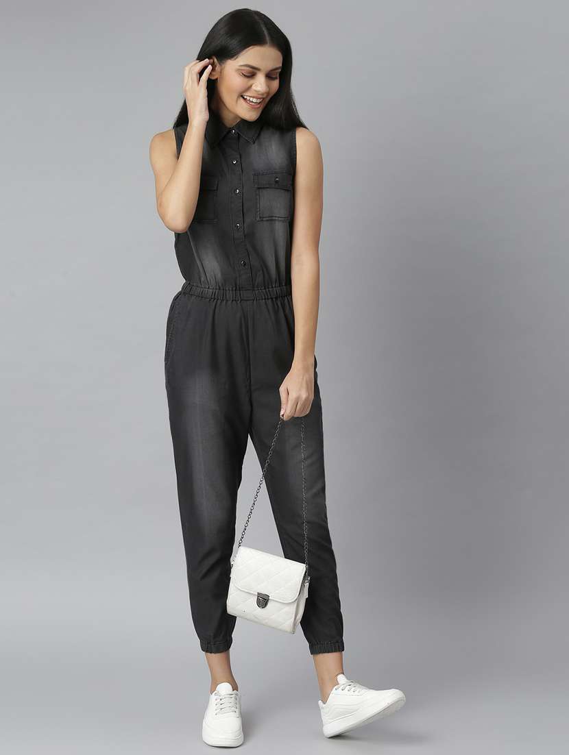 black denim full leg  jumpsuit - 19371557 -  Standard Image - 4