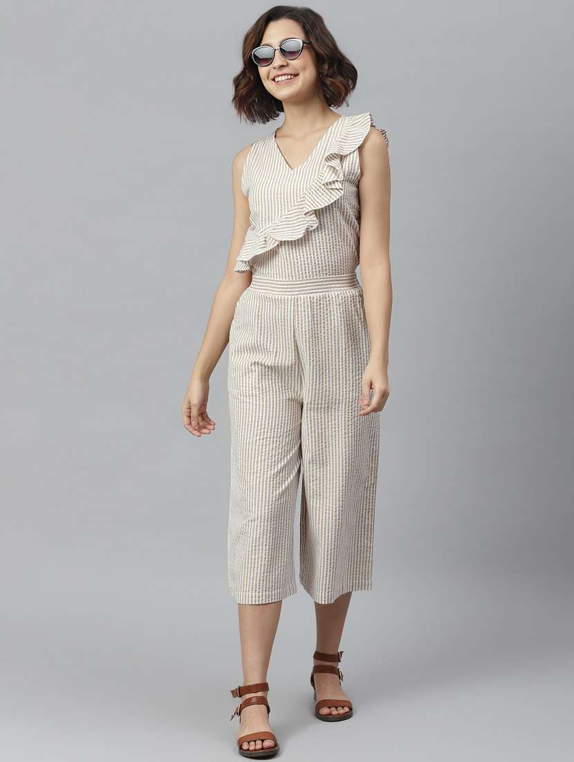 beige striped 3/4 jumpsuit
