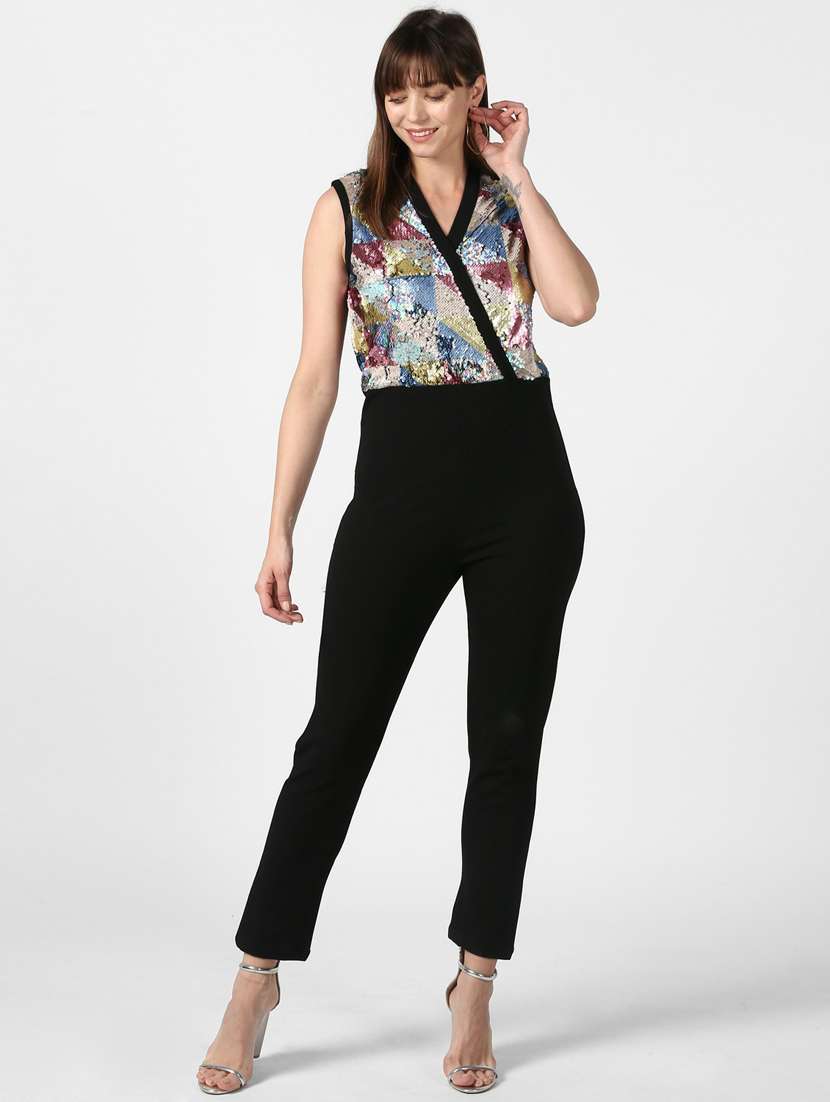 black printed full leg jumpsuit