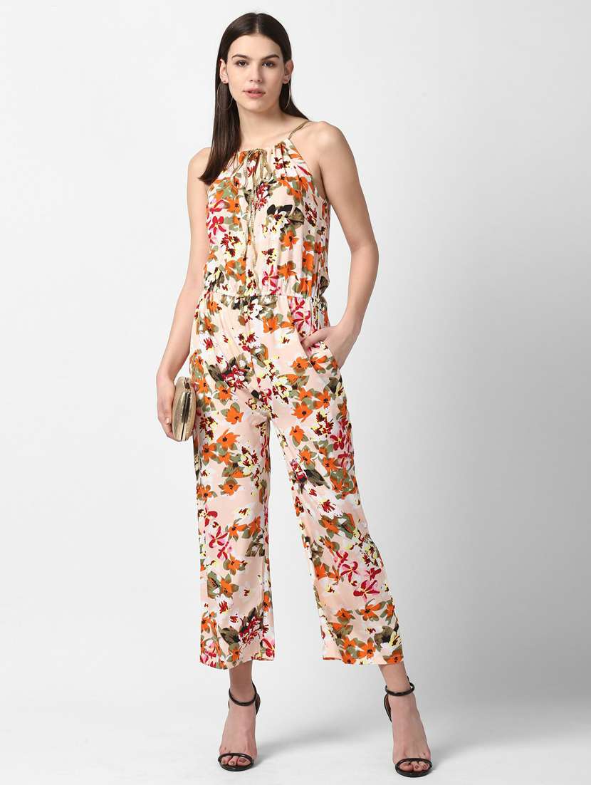 peach printed full leg jumpsuit