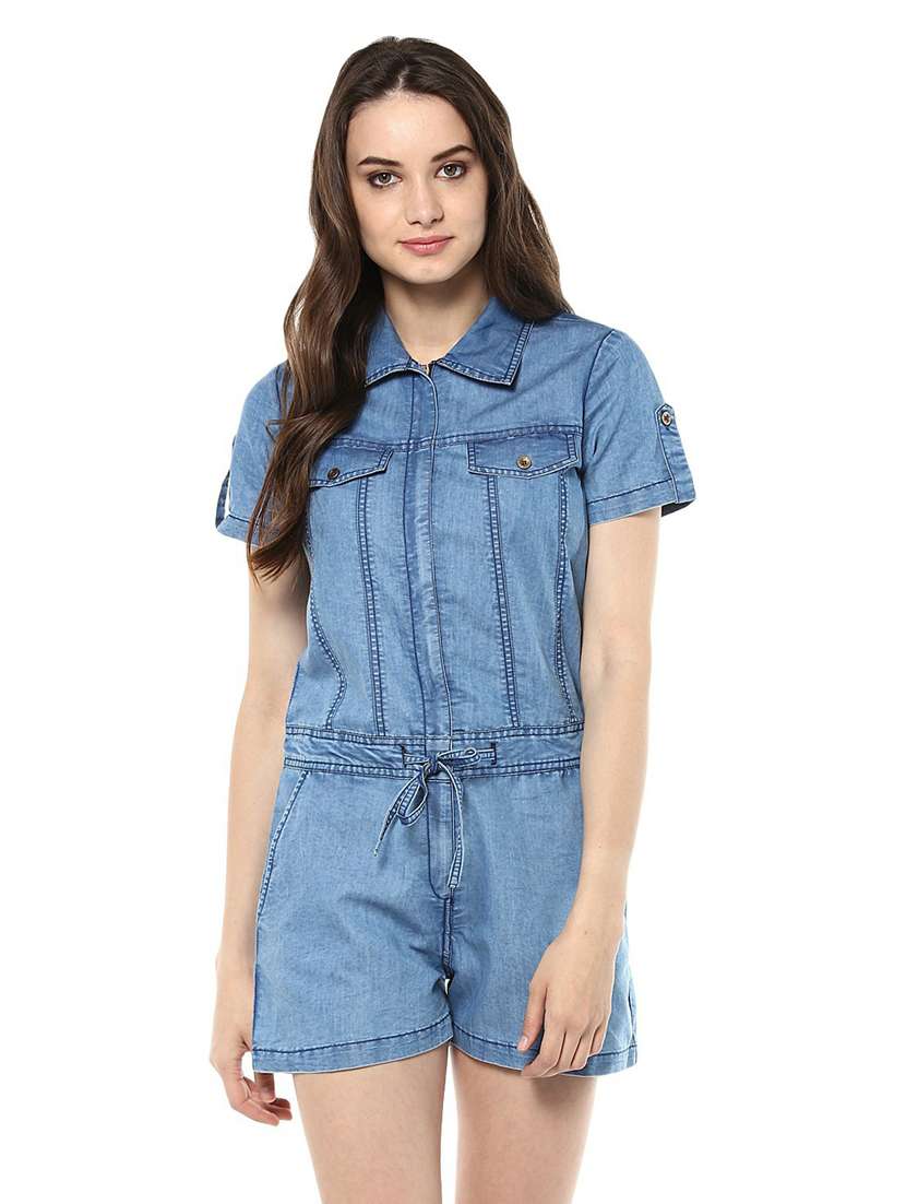 blue denim romper jumpsuit