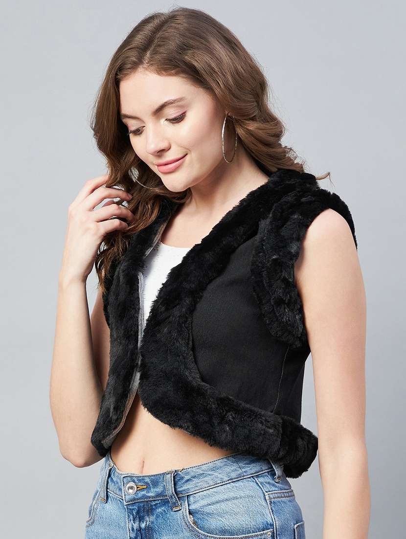 black solid sleeveless crop shrug