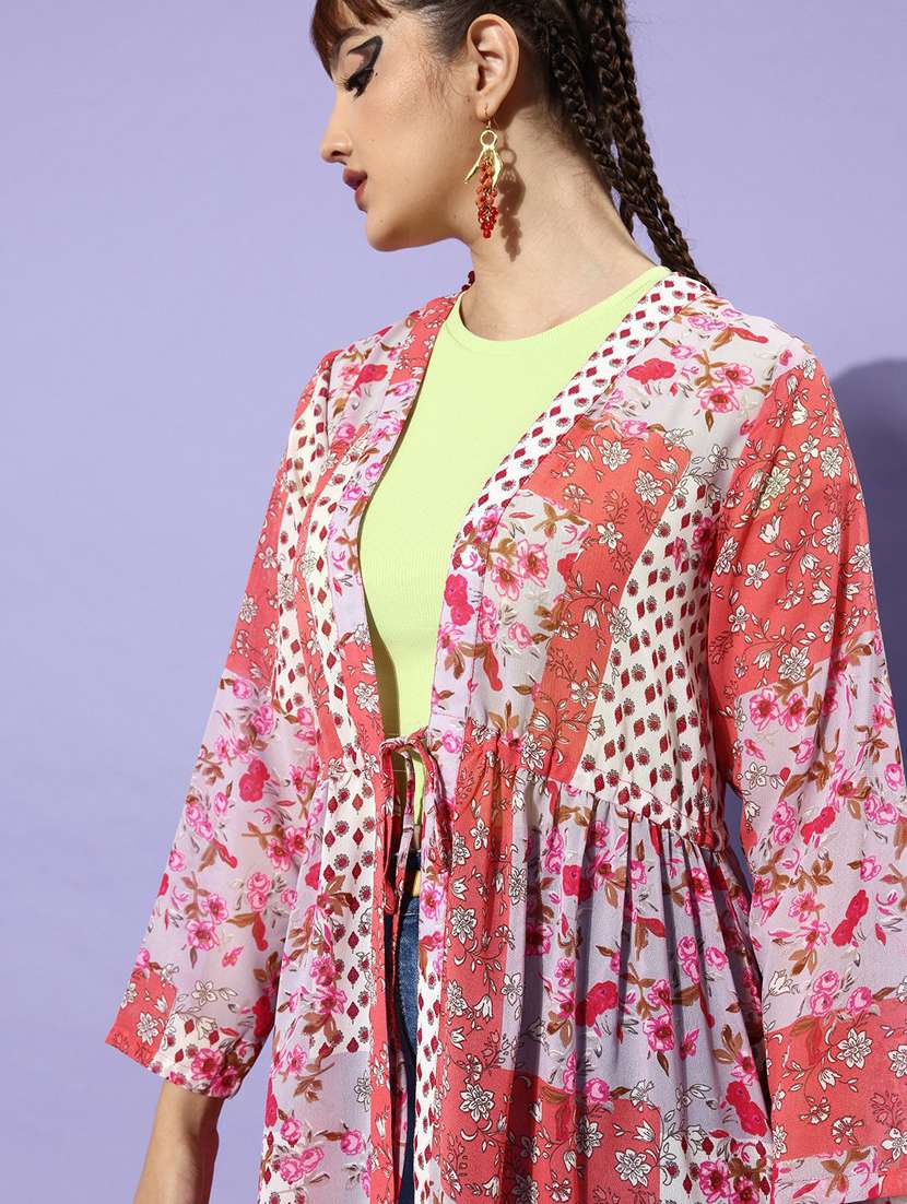 pink & coral floral print  long shrug - 19371621 -  Standard Image - 4