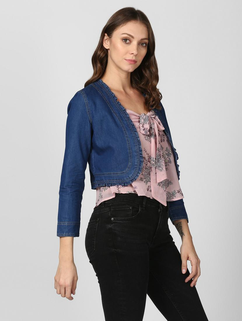 blue solid long sleeves crop denim shrug - 19371632 -  Standard Image - 1