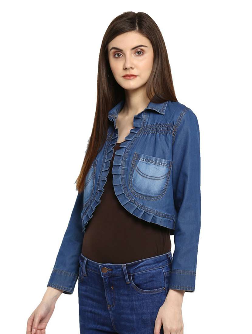 blue solid long sleeves denim crop shrug - 19371643 -  Standard Image - 1