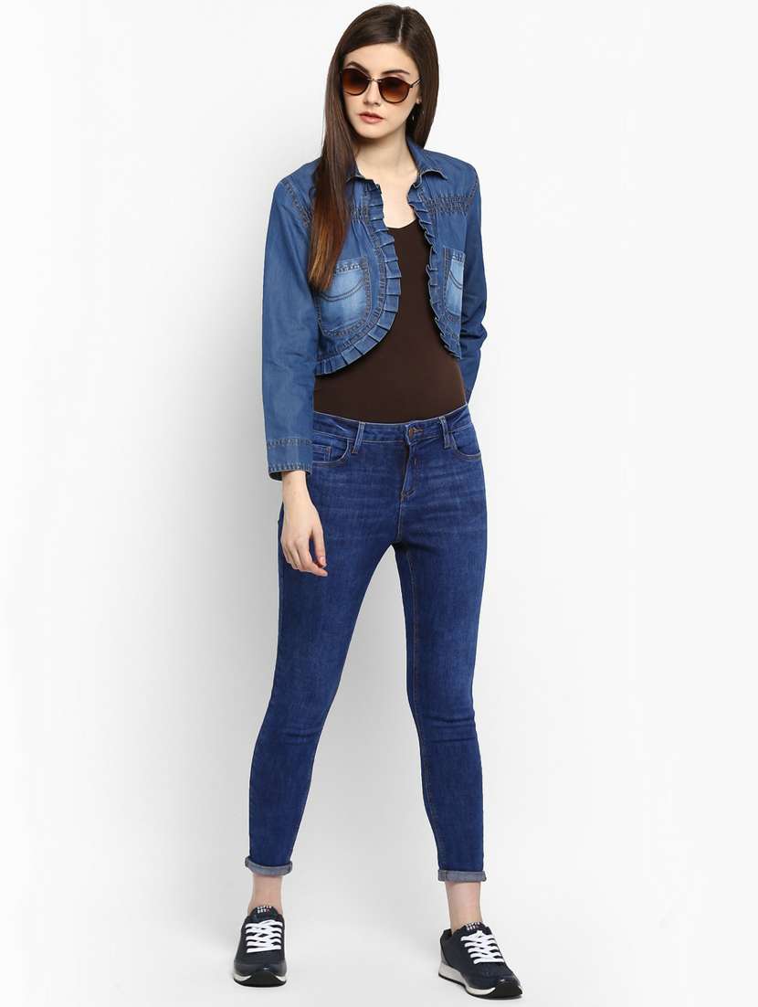 blue solid long sleeves denim crop shrug - 19371643 -  Standard Image - 4