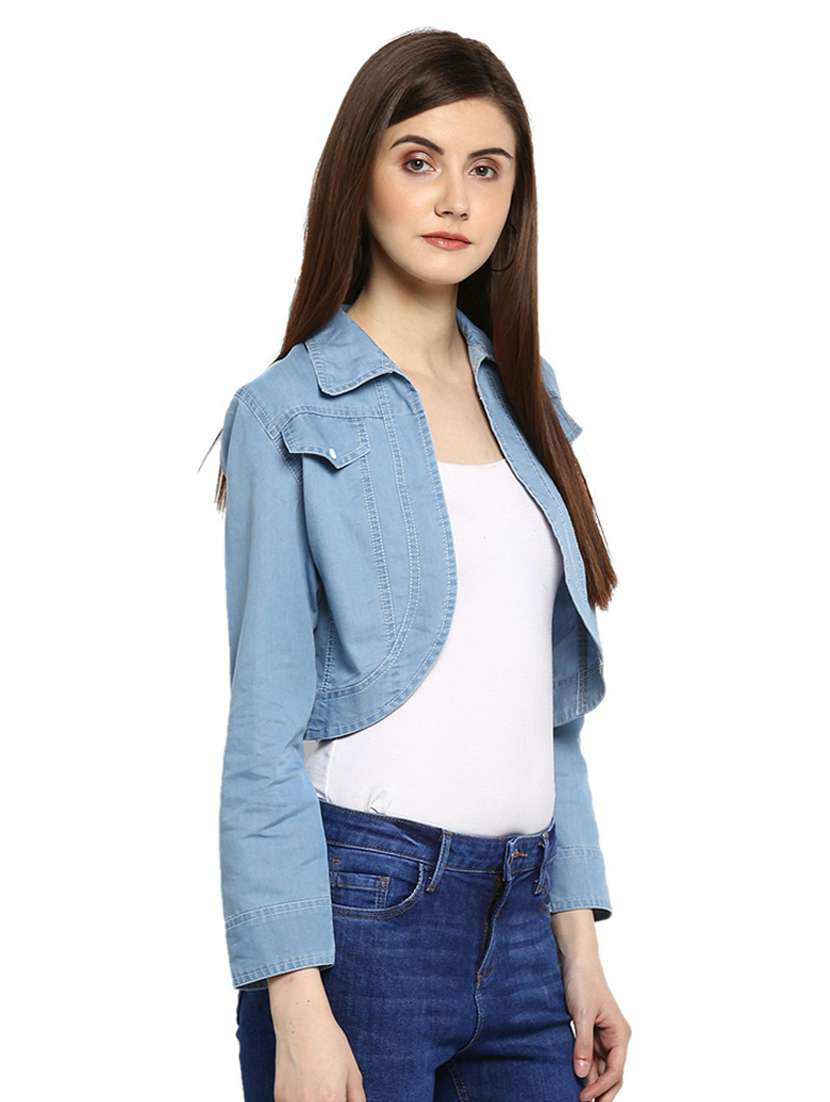light blue solid long sleeves denim crop shrug - 19371644 - Standard Image - 1