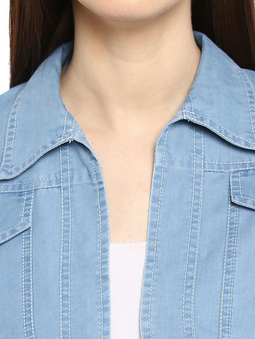 light blue solid long sleeves denim crop shrug - 19371644 - Standard Image - 4