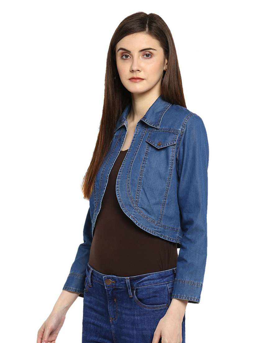 blue solid long sleeves denim crop shrug - 19371646 -  Standard Image - 1