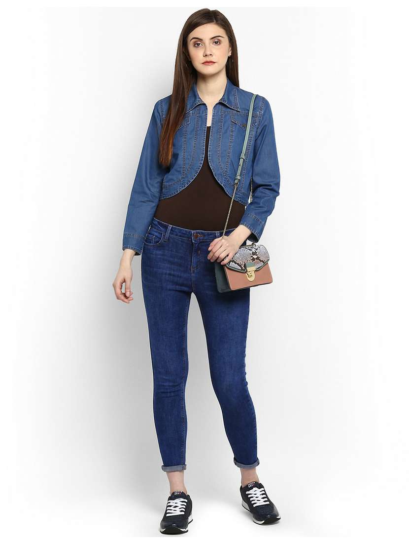 blue solid long sleeves denim crop shrug - 19371646 -  Standard Image - 4