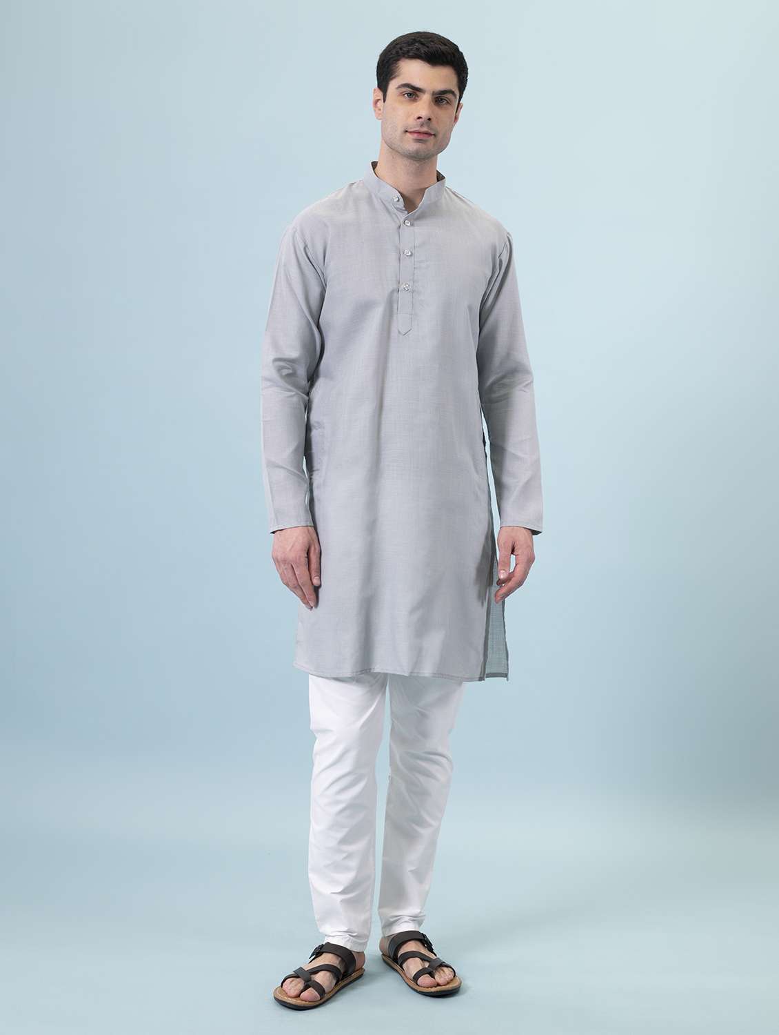 grey mandarin neck solid kurta pyjama set