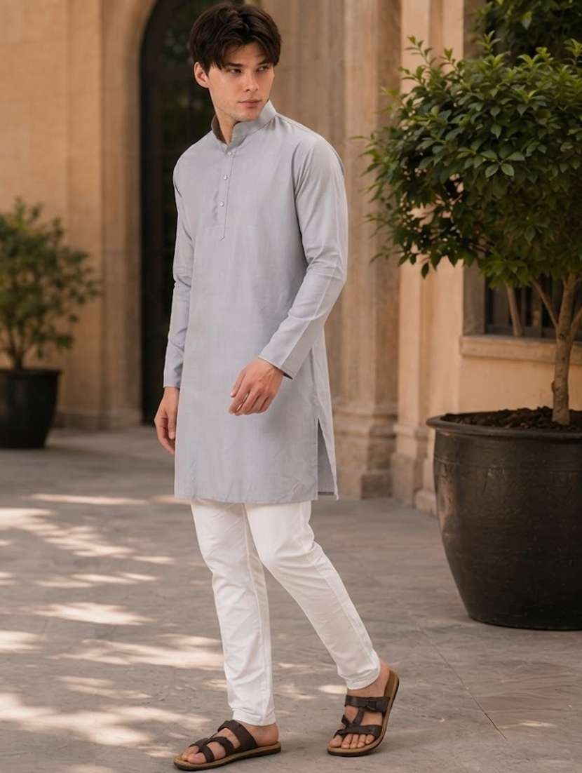 grey mandarin neck solid kurta pyjama set - 19382622 -  Standard Image - 1