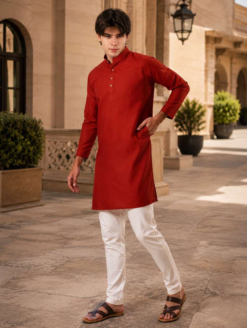 men mandarin neck solid kurta pyjama set 