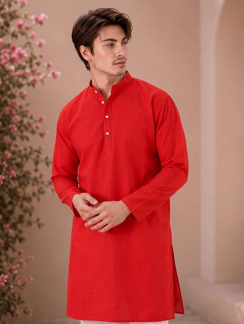 mandarin neck solid kurta pyjama set - 19382629 -  Standard Image - 1