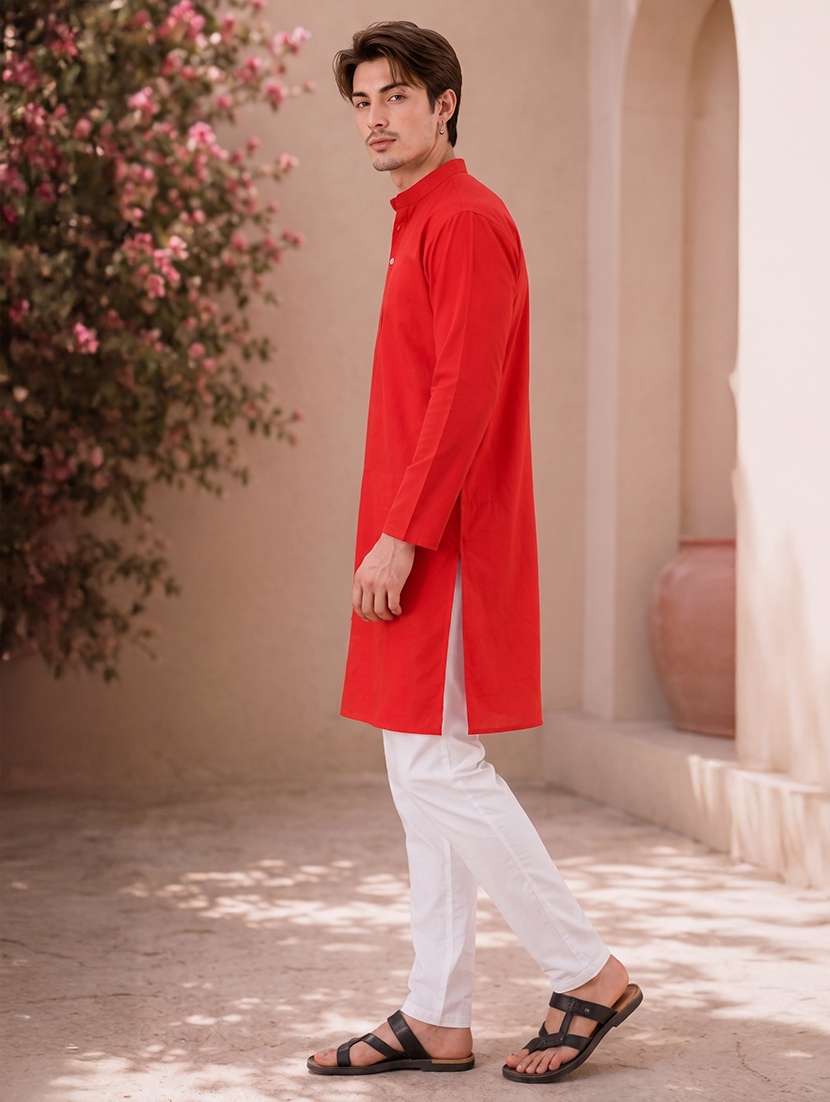 mandarin neck solid kurta pyjama set - 19382629 -  Standard Image - 4