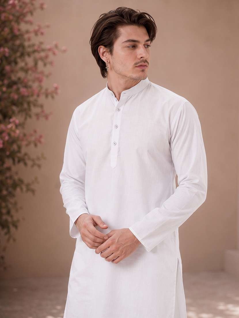white mandarin neck solid kurta pyjama set - 19382631 -  Standard Image - 1