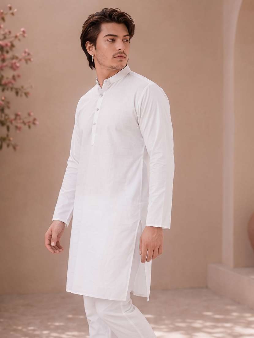 white mandarin neck solid kurta pyjama set - 19382631 -  Standard Image - 4