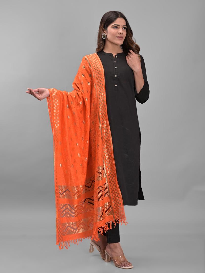 orange foil printed dupatta with fringes - 19391089 -  Zoom Image - 0