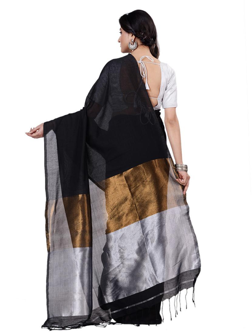 women's solid black colored saree with blouse - 19404648 -  Standard Image - 1