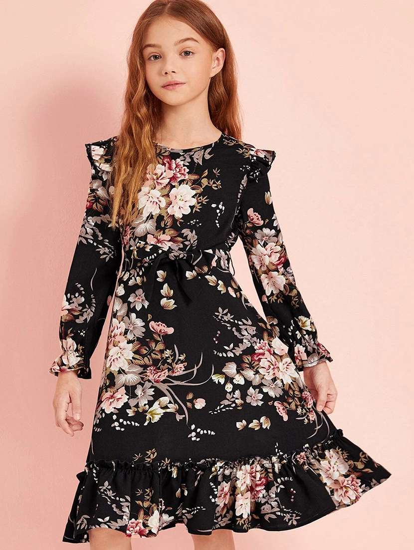 girls floral round neck long sleeves frock - 19408176 -  Standard Image - 1